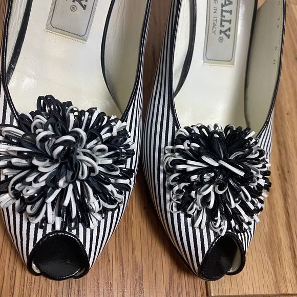 Bally Pom Pom Peep Toe Heels Black White Stripe Slingback, Size 6. 3” Heel‎ - Picture 3 of 13